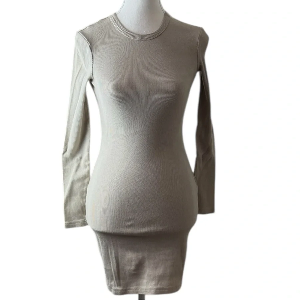 All Things Golden Ribbed Long Sleeve Bodycon Mini Dress XS Beige Neutral Bundle - Picture 3 of 11